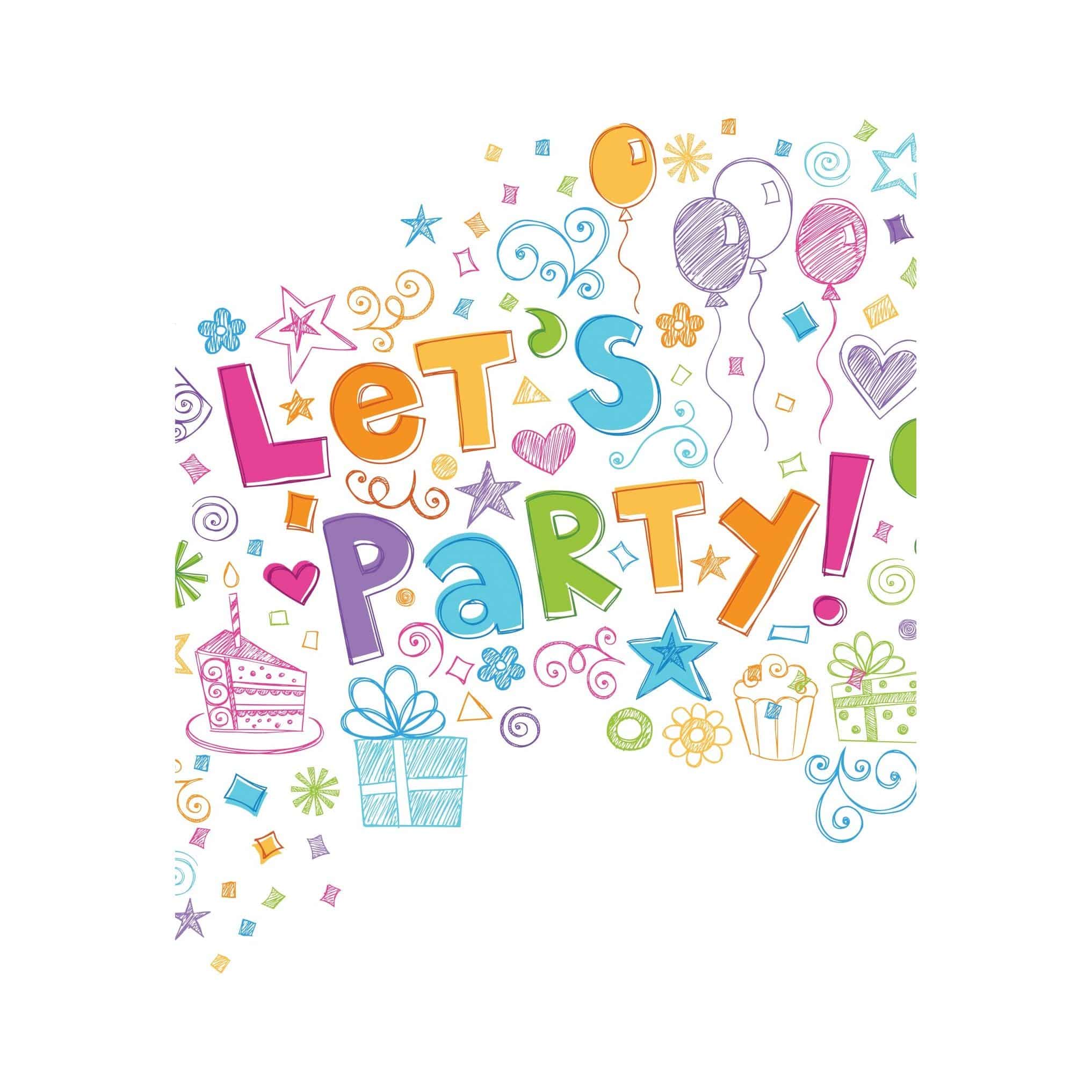 Colorful Let's Party Doodles Birthday Card by Pictura featuring cheerful doodle designs on a vibrant greeting card.